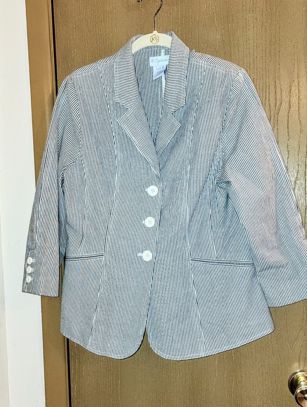 K. Jordan Women's Pinstripe Blazer in Navy and White Suze 12